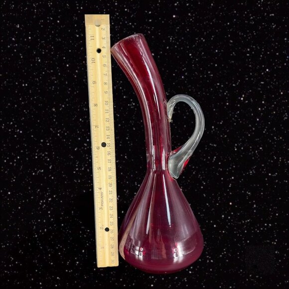 Hand Blown Art Glass Vase Ruby Red Clear Handle Hand Made Vintage Glass Jug - Picture 11 of 15